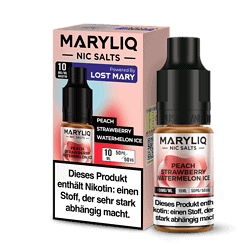 Maryliq Nic Salts E-Liquid mit Pfirsich, Erdbeere und Wassermelone in 10 ml, nikotinhaltig, ideal für E-Zigaretten.