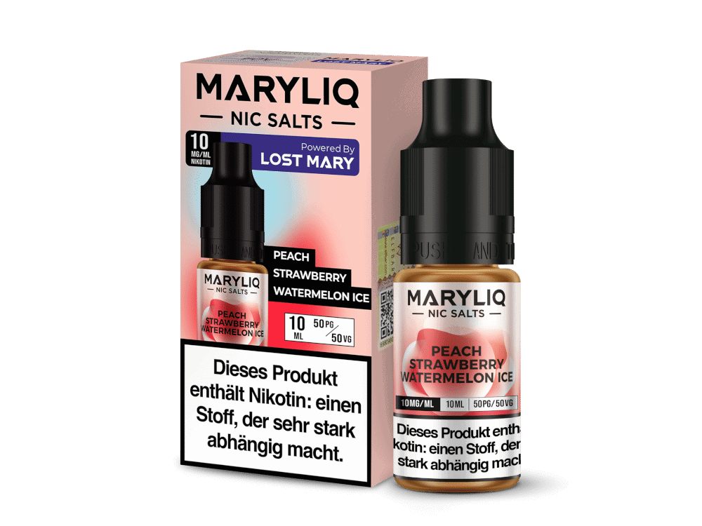 MARYLIQ Peach Strawberry Watermelon Ice Nikotinsalz Liquid 1 Maryliq Nic Salts E-Liquid mit Pfirsich, Erdbeere und Wassermelone in 10 ml, nikotinhaltig, ideal für E-Zigaretten.