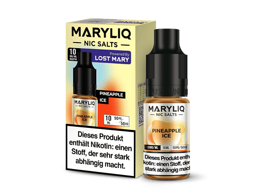 Flasche mit Maryliq Nikotin-Salz für E-Zigaretten, Geschmack Ananas-Eis, 10 ml.