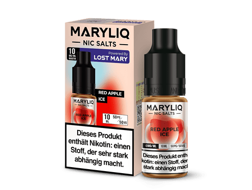MARYLIQ Nic Salts Red Apple Ice, 10ml, Nikotinstärke 10mg/ml, mit Fruchtgeschmack, für E-Zigaretten, in Verpackung sichtbar.
