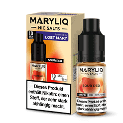 Marilyq Nic Salts Sour Red E-Liquid Flasche und Verpackung, 10ml, 50 PG / VG, nikotinhaltiges Vape Produkt, für Dampfer, entspannend und aromatisch.