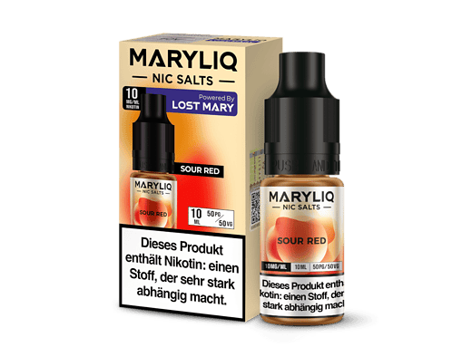 Marilyq Nic Salts Sour Red E-Liquid Flasche und Verpackung, 10ml, 50 PG / VG, nikotinhaltiges Vape Produkt, für Dampfer, entspannend und aromatisch.
