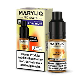 Maryliq Nic Salts Triple Mango, Nikotinsalz Liquid in 10ml Flasche für E-Zigaretten, bright Verpackung mit Mango-Design, intensiver Geschmack, hoher Nikotingehalt, Head High, 50mg/ml, für Dampfer, Flasche im Vordergrund.