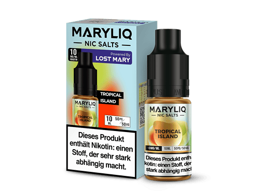 Maryliq Nic Salts Tropical Island E-Liquid, 10 ml, nikotinhaltiges Vape-Produkt für E-Zigaretten, mit starkem Nikotin, ideal für Dampfer, colorful Verpackung.
