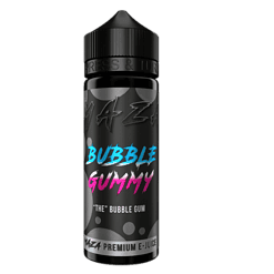 Knallige E-Liquid Flasche für Bubble Gummy Geschmack, schwarzes Design, Farbige Schrift, 100ml, mit Nikotinfrei-Option, ideal für Vaping, hochwertiges Aroma, für Dampfer, besonders auffälliges Produkt.