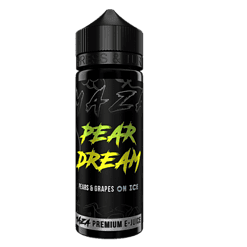 PEAR DREAM E-Liquid Flasche mit Geschmack von Birnen und Trauben auf Eis, schwarze Flasche, trendiges Design, für E-Zigaretten geeignet.