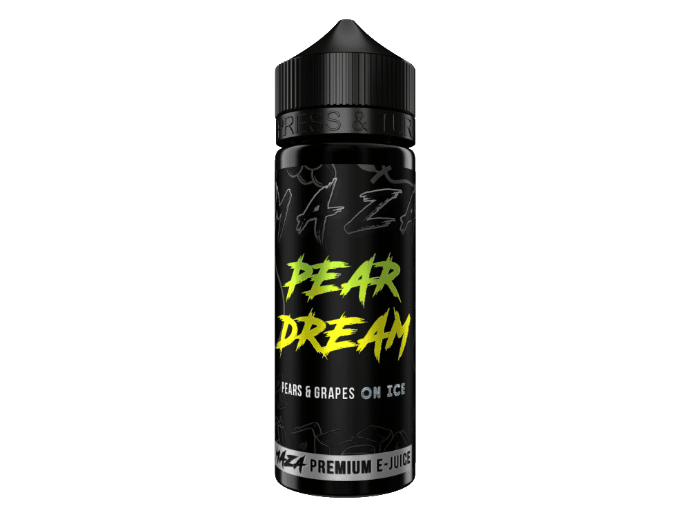 MaZa Pear Dream Longfill 1 PEAR DREAM E-Liquid Flasche mit Geschmack von Birnen und Trauben auf Eis, schwarze Flasche, trendiges Design, für E-Zigaretten geeignet.