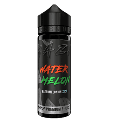 Fruchtiges Wasser-Melone E-Juice in schwarzer Flasche auf orangem Hintergrund.