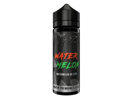 Fruchtiges Wasser-Melone E-Juice in schwarzer Flasche auf orangem Hintergrund.
