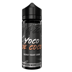 Likörflasche mit Yoko de Coco Coconut Yogurt Creme Geschmack, schwarzes Design, E-Juice Premium Produkt, für E-Zigaretten, modernes Drogerie-Design.
