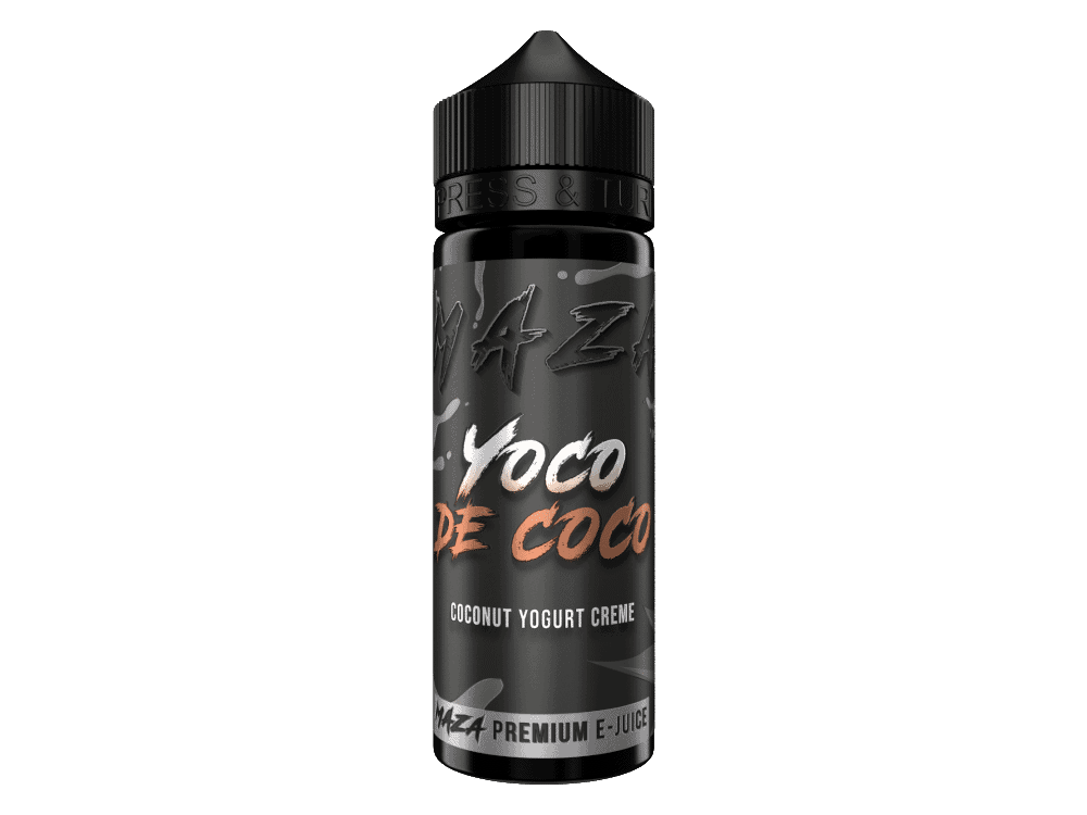 MaZa Yoco Coco Longfill 1 Likörflasche mit Yoko de Coco Coconut Yogurt Creme Geschmack, schwarzes Design, E-Juice Premium Produkt, für E-Zigaretten, modernes Drogerie-Design.
