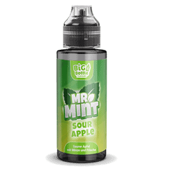 Erfrischender E-Liquid Flasche mit Geschmack von Sauerapfel, Minze und Frische, für E-Zigaretten.