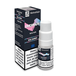 Flasche und Verpackung des OVERVAPE Nikotinsalzliquid ICE CANDY, 20 mg/ml, mit Blau- und Pinkfarbenem Design, für E-Zigaretten und Liquids im Online Shop LETZ Go.