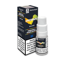 Safer-Vape E-Liquid Flasche mit pineapple, peach und mango Geschmack, 20 mg/ml, für E-Zigaretten, in Verpackung auf Schwarzhintergrund.