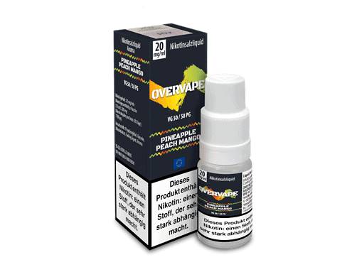 Safer-Vape E-Liquid Flasche mit pineapple, peach und mango Geschmack, 20 mg/ml, für E-Zigaretten, in Verpackung auf Schwarzhintergrund.
