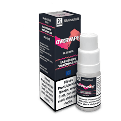 Raspberry Watermelon Nikotinsalzliquid Flasche und Verpackung, vape liquid für E-Zigaretten, 20 mg/ml, 50 ml, Übervap, Überwachung, EU-Konform, Jugendfrei, Nikotinabhängigkeit.