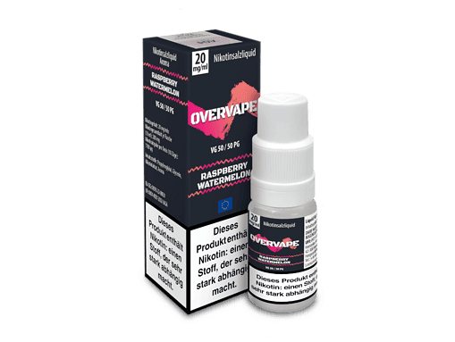 Raspberry Watermelon Nikotinsalzliquid Flasche und Verpackung, vape liquid für E-Zigaretten, 20 mg/ml, 50 ml, Übervap, Überwachung, EU-Konform, Jugendfrei, Nikotinabhängigkeit.