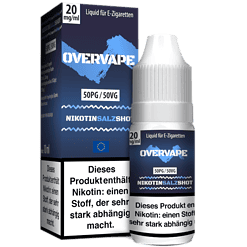 Akkupack für E-Zigaretten mit Nikotinsalz, 50mg/50VG, Über Vape Marke, blauer Verpackung, 10 ml Flasche.