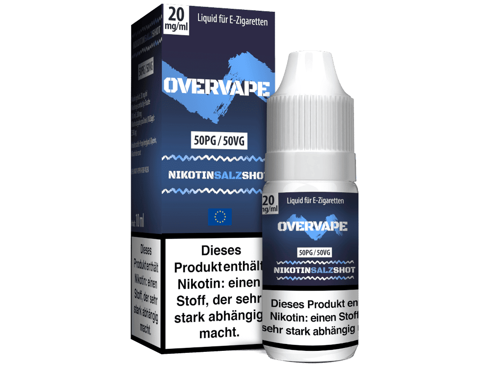 Overvape Nikotinsalz Shot 1 Akkupack für E-Zigaretten mit Nikotinsalz, 50mg/50VG, Über Vape Marke, blauer Verpackung, 10 ml Flasche.