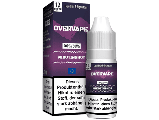 Liquid für E-Zigaretten, Overvape Nikotinshot, 12mg/ml, 50ml Flasche und Verpackung, intensiver Nikotininhalt, für Dampfer, qualitativ hochwertiges E-Liquid, in Deutschland hergestellt, rezeptfrei erhältlich, geschmacklos.