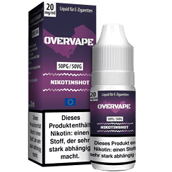 Liquid für E-Zigaretten, OverVape Nikotinshot, 20 mg/ml, 50 PG/50 VG, 10 ml Flasche, nikotinstarker E-Liquid, hochwertiges Aroma, einfach zu verwenden, für Dampfer, Qualität aus der EU, perfekt für Selbstmischer, ohne Talente, für mehr Rauch- und Geschmackserlebnis.
