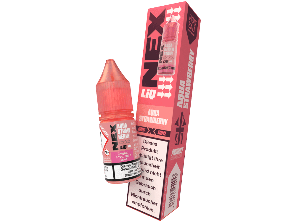 Pod Salt - NexLiq - Aqua Strawberry Nikotinsalz Liquid 1 Aqua Strawberry E-Liquid Flasche und Verpackung, Vaping-Beschreibung, für E-Zigaretten, geschmacksintensiv, leicht, modern, erhältlich bei LETZ GO.