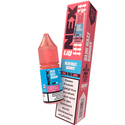 Blue Razz Gummy E-Liquid Flasche auf pinkem Hintergrund, für E-Zigaretten geeignet.