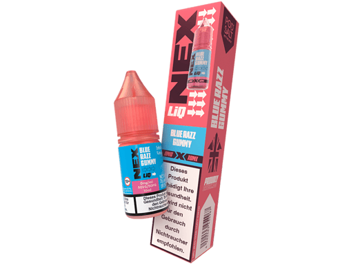 Blue Razz Gummy E-Liquid Flasche auf pinkem Hintergrund, für E-Zigaretten geeignet.