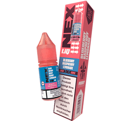 Blueberry raspberry limonade e-liquid in 10ml Flasche, für E-Zigaretten, auf pinkem Hintergrund, mit Verpackung, Geschmack: Blaubeere, Himbeere, Zitrone, nikotinfrei, für Dampfer geeignet.