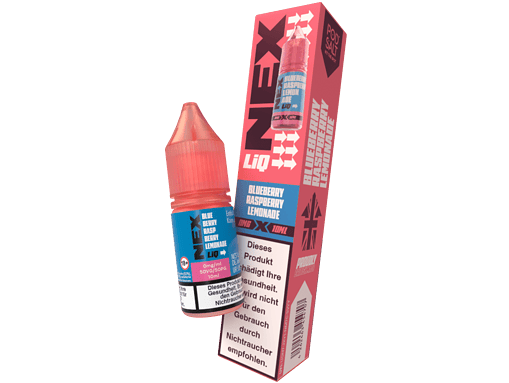 Blueberry raspberry limonade e-liquid in 10ml Flasche, für E-Zigaretten, auf pinkem Hintergrund, mit Verpackung, Geschmack: Blaubeere, Himbeere, Zitrone, nikotinfrei, für Dampfer geeignet.