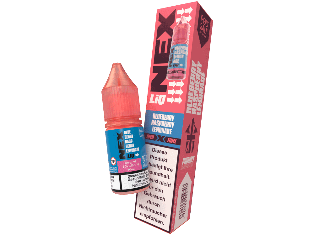 Pod Salt - NexLiq - Blueberry Raspberry Lemonade Nikotinsalz Liquid 1 Blueberry raspberry limonade e-liquid in 10ml Flasche, für E-Zigaretten, auf pinkem Hintergrund, mit Verpackung, Geschmack: Blaubeere, Himbeere, Zitrone, nikotinfrei, für Dampfer geeignet.