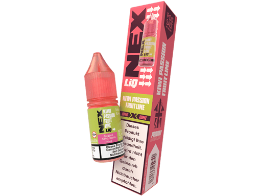 Kiwi Passion Frucht-Limonade E-Liquid in pinker Flasche, für E-Zigaretten, im passenden Verpackungskarton, 10ml, mit Warnhinweis auf Gesundheitsschutz.