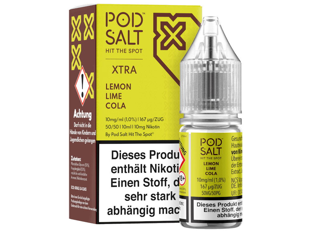 Pod Salt X - Lemon Lime Cola - Nikotinsalz Liquid 1 Knoblauchsalz mit Zitronenlimonade, 10 ml, für E-Zigaretten, Geschmack: Zitrone Limette Cola, Verpackung im praktischen 50/50 Verhältnis, nikotinhaltig, ideal zum Vape.