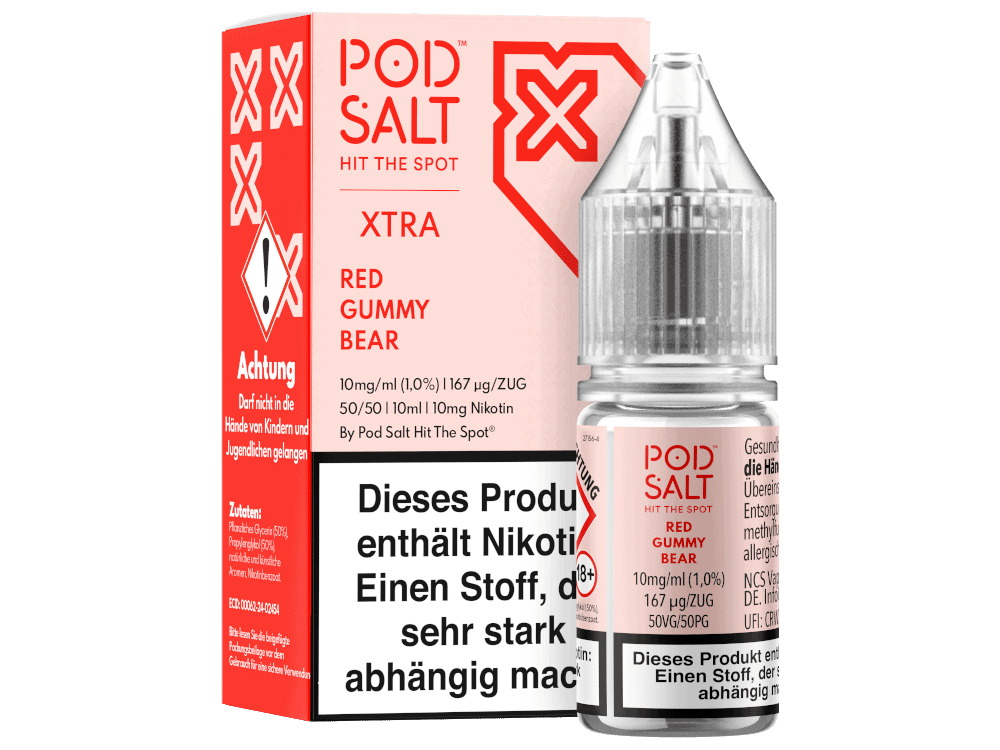 Pod Salt X - Red Gummy Bear - Nikotinsalz Liquid 1 Potion mit Nikotin, Kombination aus Pod Salt Xtra Red Gummy Bear, 10ml, 1% Nikotin für E-Zigaretten.
