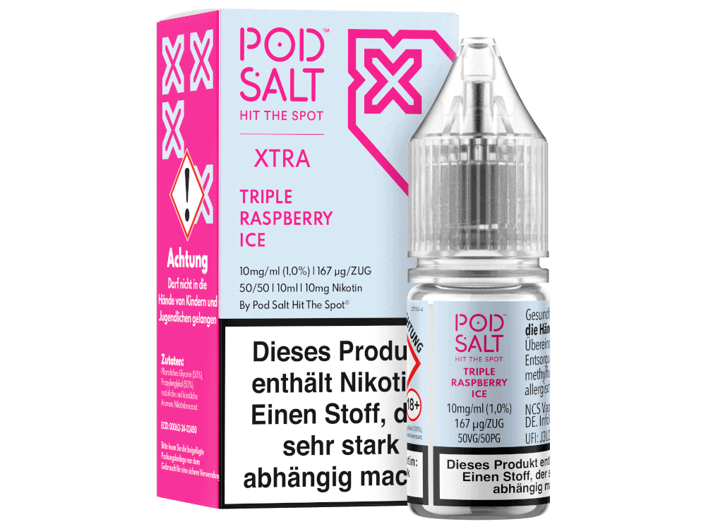 Pod Salt X - Triple Raspberry Ice - Nikotinsalz Liquid 1 POD SALT Triple Raspberry Ice Nikotinpaste, pink und transparent, 10ml Flasche für vapen, starke Nikotinwirkung, für Erwachsene, aromatisierte E-Liquid, intensiver Fruchtgeschmack.