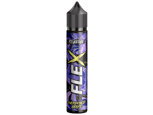 Flüssiges E-Liquid in einem blauen Flakon, mit Schwarz und Gelb akzentuiert, für E-Zigaretten, Geschmack: Overloaded Grape, innovative Vaporizer-Tabakmischung, eignet sich für Dampfer, aromatischer Genuss.