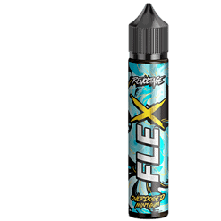 E-Zigaretten Liquid in blauer Verpackung mit Überschrift "Flex" und "Overdoze Mint Gum".