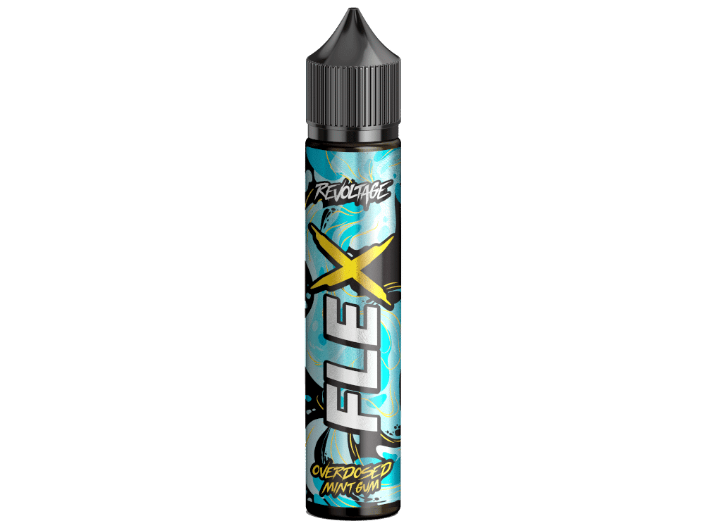Revoltage - FLEX - Mint Gum - 10 ml 1 E-Zigaretten Liquid in blauer Verpackung mit Überschrift "Flex" und "Overdoze Mint Gum".