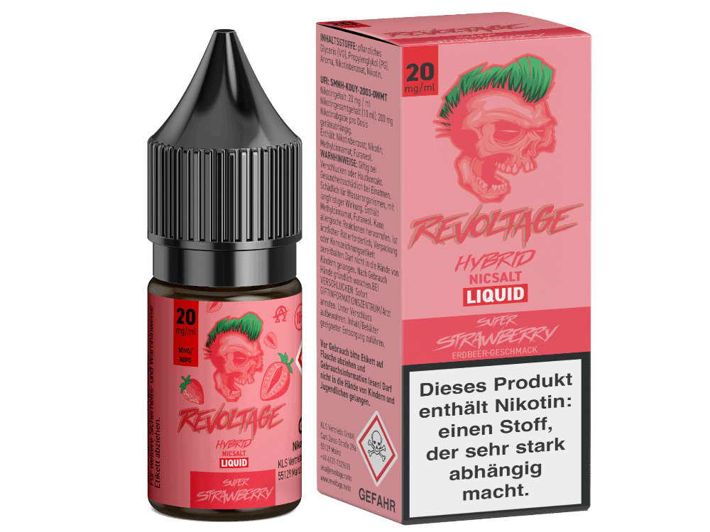 Revoltage Super Strawberry Hybrid Nikotinsalz Liquid 1 Revoltage Hybrid Nicsalt Liquid, Saures Super Erdbeergeschmack, 20mg/ml Nikotinstärke, für Sub-Ohm-Vaping, fresh und fruchtig.