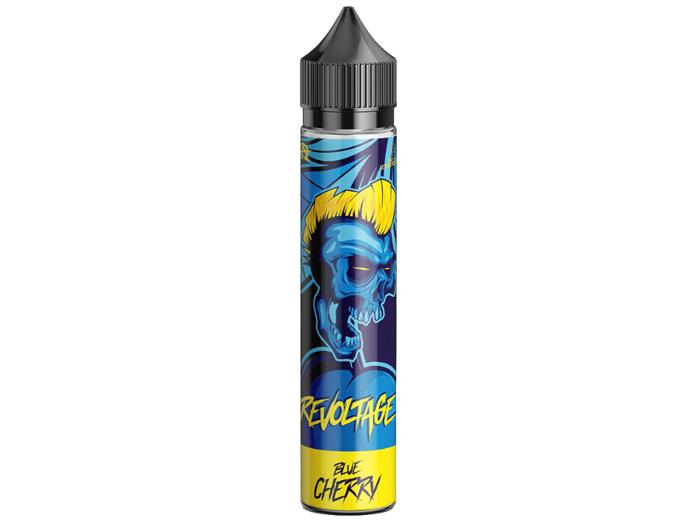 Revoltage Blue Cherry 15 ml 1 Kunststoff-Flasche mit einer blauen Skull-Grafik, gelbem Akzent und stylischem Design. Perfekt für E-Liquid oder Vape-Produkte, im Trend – leicht zu erkennen und auffällig.
