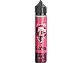 Revoltage Laser Lychee E-Liquid in pink Flasche mit Schädel-Motiv, ideal für E-Zigaretten und Vapeenthusiasten.