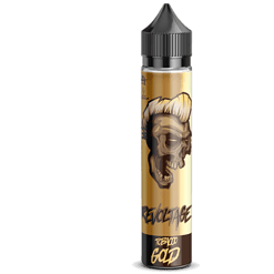 Knisternder E-Liquid-Flasche mit Horror-Design, Skull-Logo und "Revoltage" Schriftzug für E-Zigaretten, in Goldfarben gehalten.