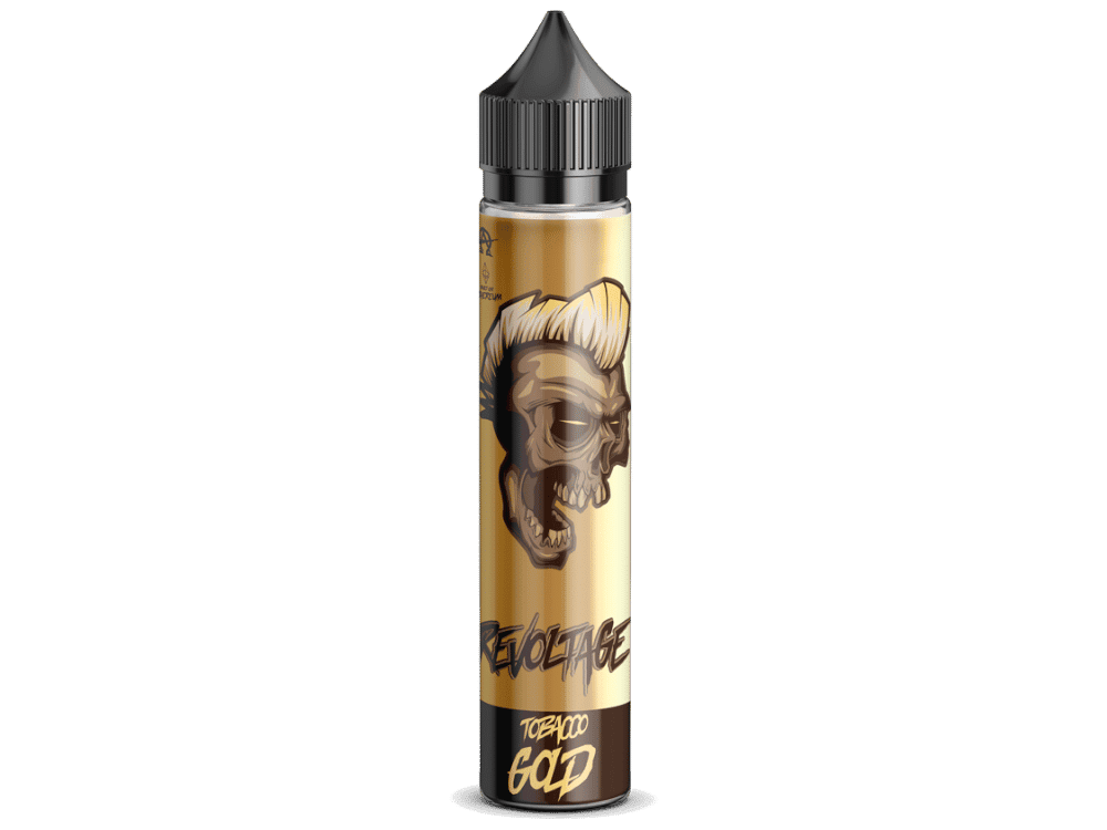 Revoltage Tobacco Gold 15 ml 1 Knisternder E-Liquid-Flasche mit Horror-Design, Skull-Logo und "Revoltage" Schriftzug für E-Zigaretten, in Goldfarben gehalten.