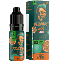 Revoltage Zero Liquid Green Orange Flasche und Verpackung, nikotinfreies E-Liquid mit grün-orangefarbenem Design, ideal für Vaping ohne Nikotin, lange Haltbarkeit, hergestellt in Deutschland.