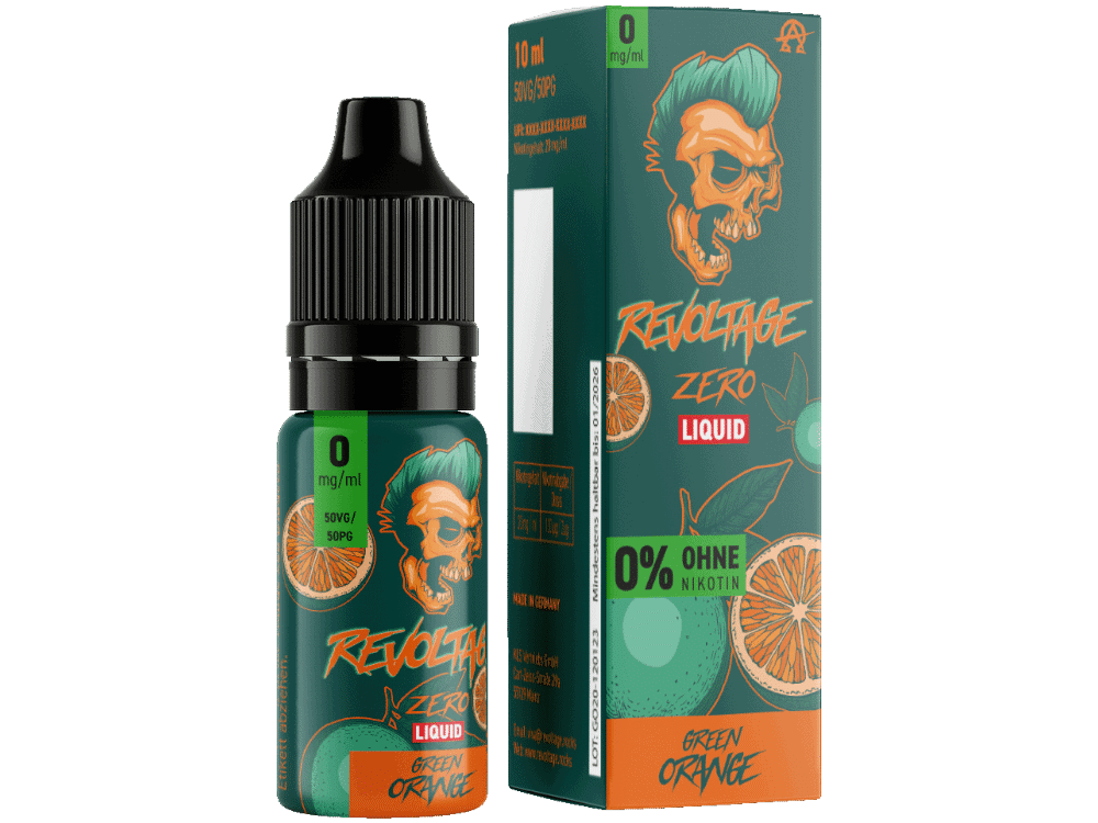 Revoltage Green Orange Liquid - 0mg/ml 1 Revoltage Zero Liquid Green Orange Flasche und Verpackung, nikotinfreies E-Liquid mit grün-orangefarbenem Design, ideal für Vaping ohne Nikotin, lange Haltbarkeit, hergestellt in Deutschland.