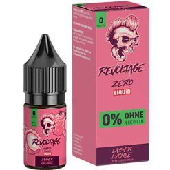 Revoltage Zero Liquid E-Zigarette mit Lithium Lychee Geschmack, nikotinfrei, 50 ml Flasche, ideal für Dampfer, ohne Nikotin, auf Verpackung und Flasche sichtbar.
