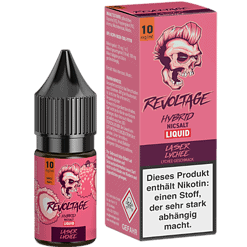 Revoltage Hybrid Nicsalt Liquid mit Lychee-Geschmack, 10 mg/ml Nikotin. Flasche und Verpackung im pinken Design mit Skull-Motiv, ideal für E-Zigaretten und Vape-Liebhaber, die starken Geschmack suchen.