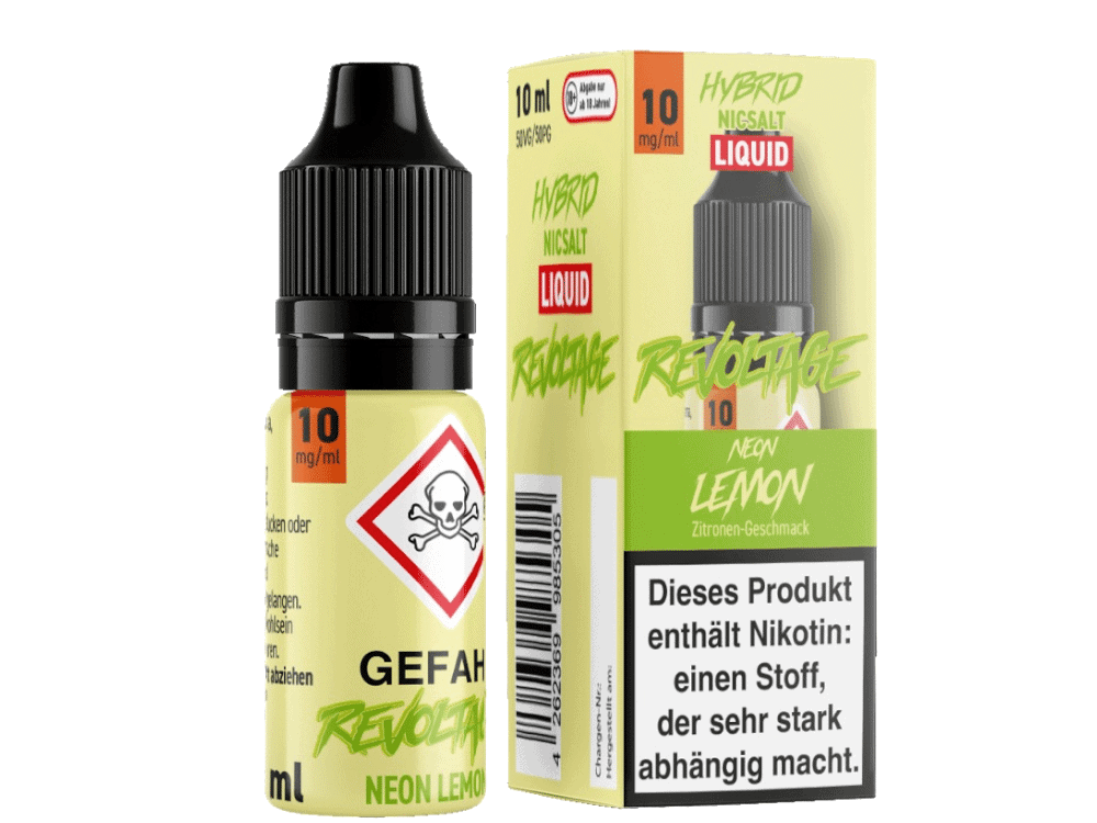 Revoltage Neon Lemon Hybrid Nikotinsalz Liquid 1 Neon Lemon E-Liquid in Flasche und Verpackung, 10ml, Nikotin-Stärke 10mg/ml, auffälliges Design, für E-Zigaretten, Erfrischender Zitronen-Geschmack, geeignet für Dampfer, für den sicheren Gebrauch.