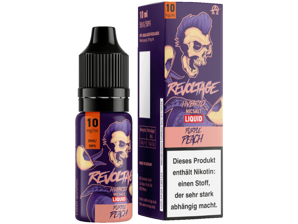 Revoltage Purple Peach Hybrid Nikotinsalz Liquid 1 Revoltage Hybrid NICSalt Liquid E-Liquid, Peach, 10ml, 10mg/ml, 50VG/50PG, nikotinhaltig, für Dampfer und Vape-Liebhaber, in Flasche und Verpackung.