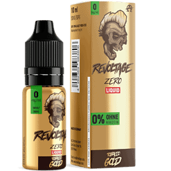 Revoltage Zero Liquid in Gold-Design mit Skull-Logo, nikotinfrei und geeignet für E-Zigaretten, ideal für Dampfer, die auf Nikotin verzichten möchten.